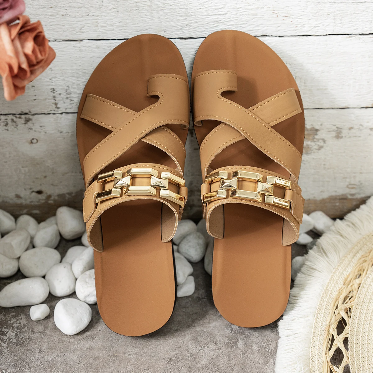 Ladies Fashion Sandals Gold Chain Decoration Comfortable Slip On Flat Bottom Slippers Women's Footbed Casual Summer Shoes image 2