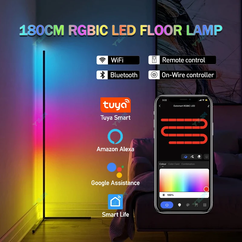 Heightening 180CM Smart Floor Lamp RGBIC Tuya Smart APP Remote Control Nordic Stand Floor Mood Light For Game Room Decoration