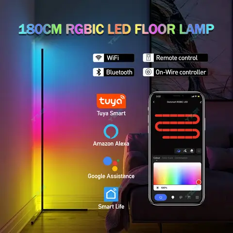 Lampadaire intelligent RGBIC Tuya, rehaussement de 180CM, application intelligente, télécommande, support nordique, lumière d'ambiance pour décoration de salle de jeux