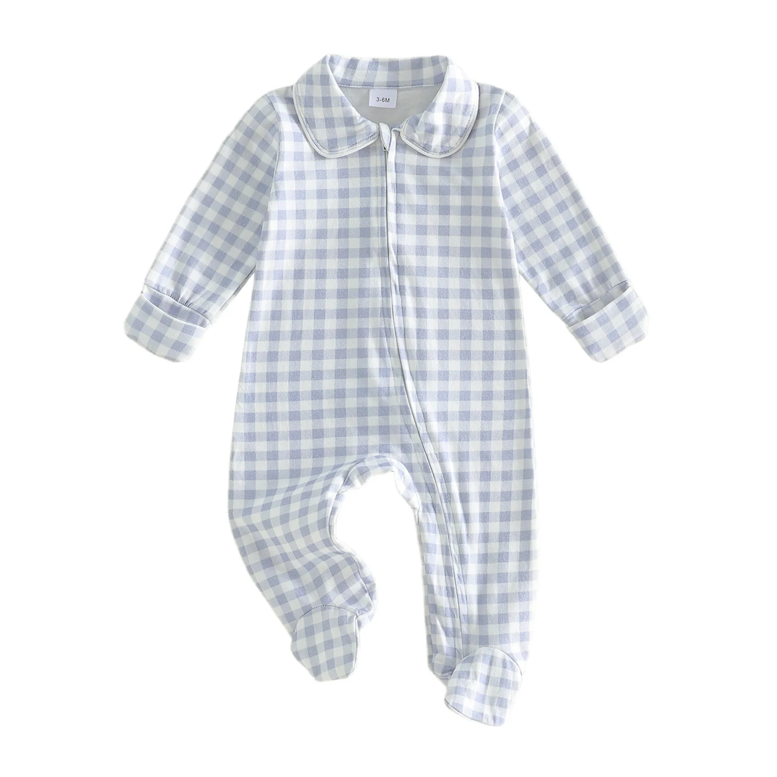 Infant Baby Plaid Footed Romper Fashionable Cute Zip Up Long Sleeve Lapel Footie Pajamas