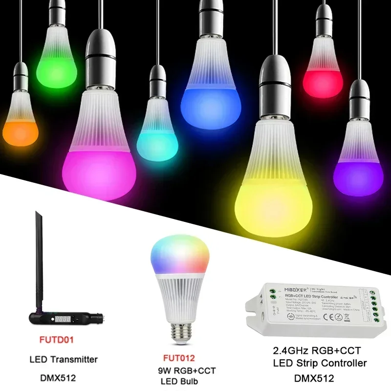 2.4G 9W RGB+CCT LED Bulb AC100~240V 50/60Hz 850LM FUT012/ FUTD01 DMX 512 LED Transmitter