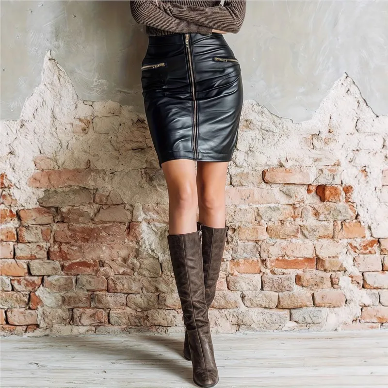 Frauen Sexy Hohe Taille PU Leder Rock Herbst 2025, Elegante Zipper Tasche Kurze Frauen Rock Schwarz Mini Rock