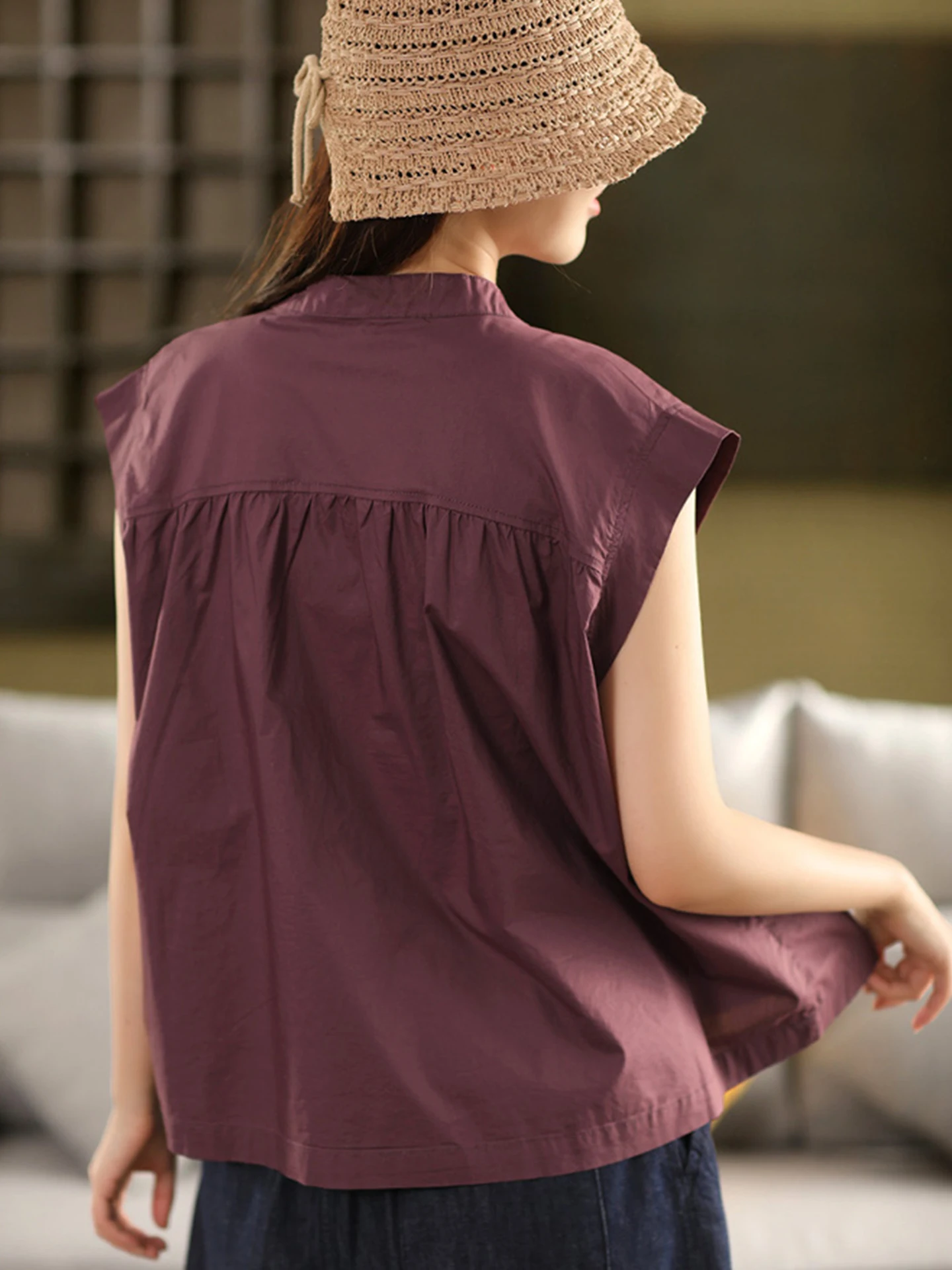 High-End Retro Svel Linen irt Women Summer Simple Elegance Loose Splicing Stand Collar Small Flng Sve Cotton Lin...