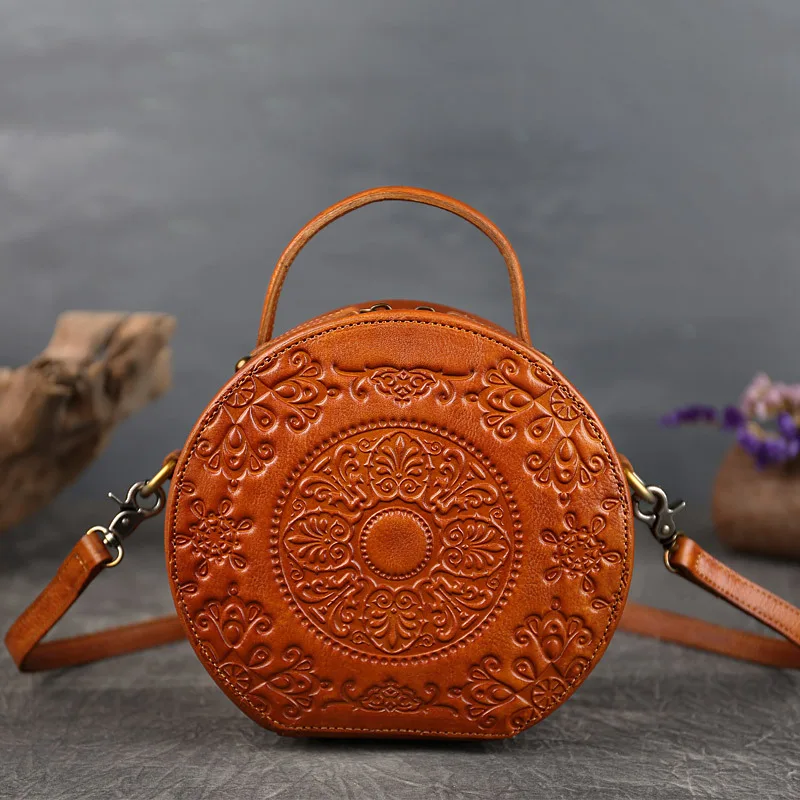 New Retro Circular Women Luxury Handbag Genuine Leather Shoulder Bag Ladies Crossbody Bags For Woman Totem Small Messenger Bag