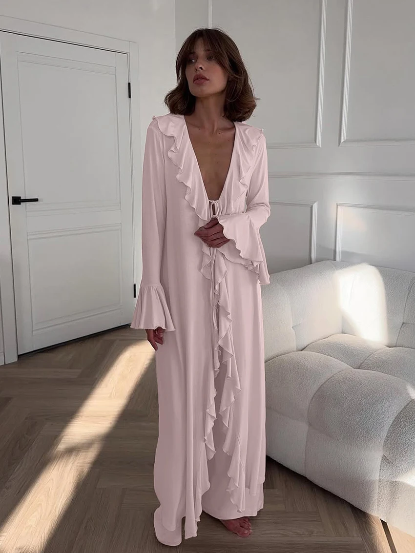 

Marthaqiqi Winter Women Pajamas Suit V-Neck Sleepwear Long Sleeve Nightgowns Lace Up Nightwear Pants Casual Home Clothes Ladies