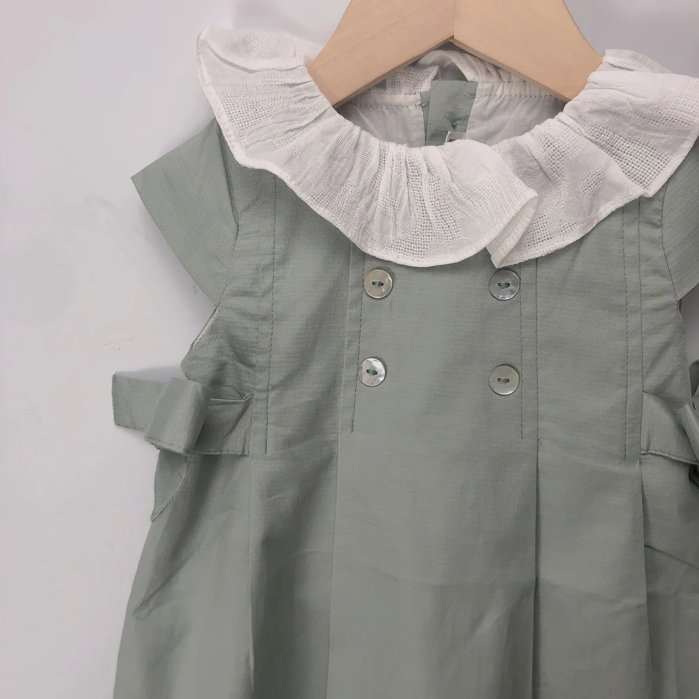 Children Boutique Spanish Clothing Girls Green Cotton Short Sleeve Dress Lotus Leaf Collar Princess Formal A-lines Short Dress
