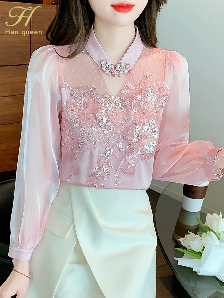 H Han Queen Simple Autumn Blusas Elegant Bead Embroidery Blouses Womens Korean Loose Casual Vintage Shirts OL Office Work Tops