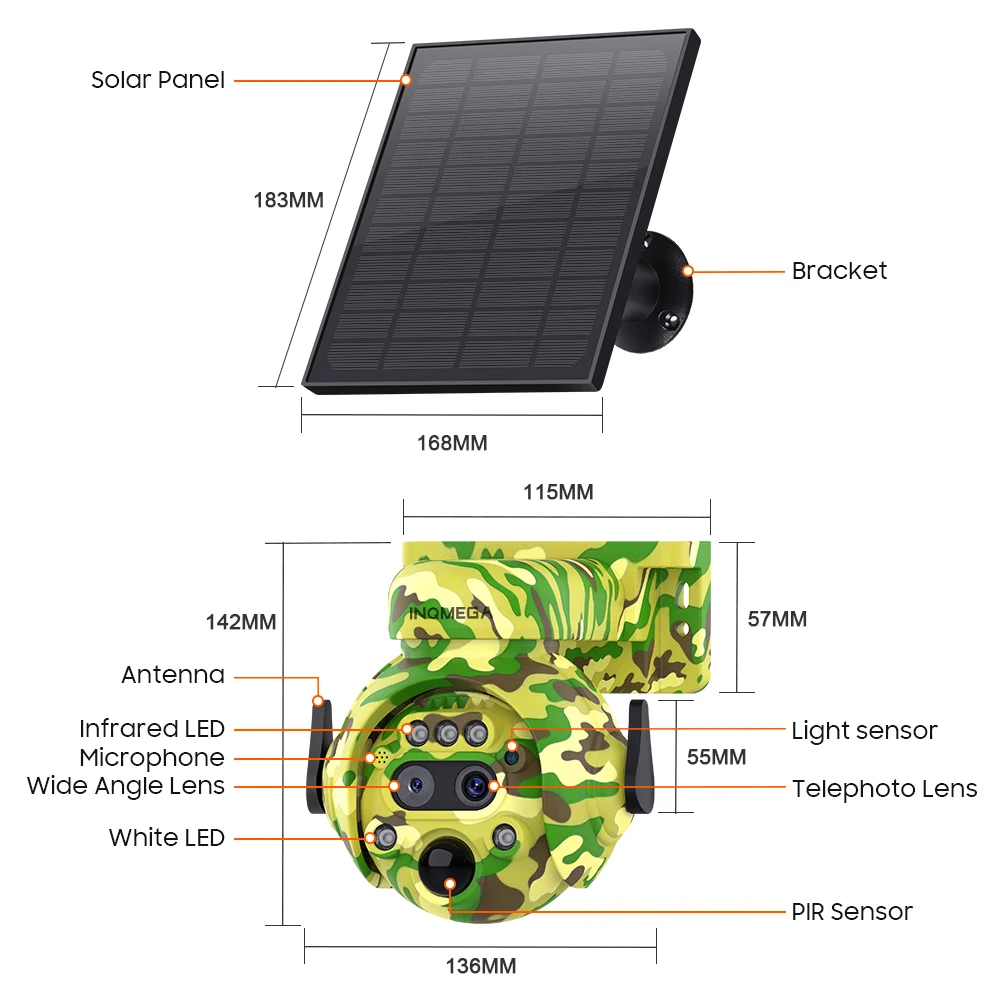 INQMEGA 6MP Camouflage Hunting Solar Camera 12xZoom Dual Lens 4G Sim Solar Powered Battery PIR Human Detection Camouflage Camera