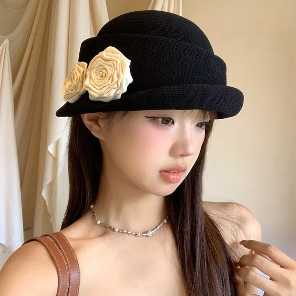 الرجعية الفرنسية نمط كاميليا زهرة قبعة حليقة حافة أنيقة الأزهار الرامي قبعة هيبورن البريطانية المرأة قبعة رسمية Famale #2
