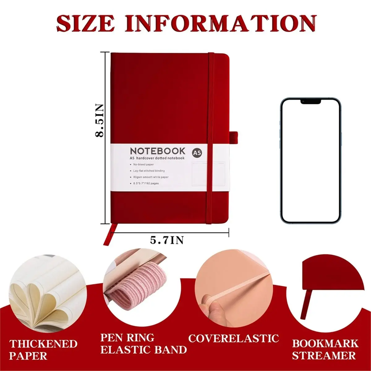 Home Tool Hard Shell A5 Notebook with Elastic Band PU Leather Diary, Suitable for , School and Daily Note-Taking Red