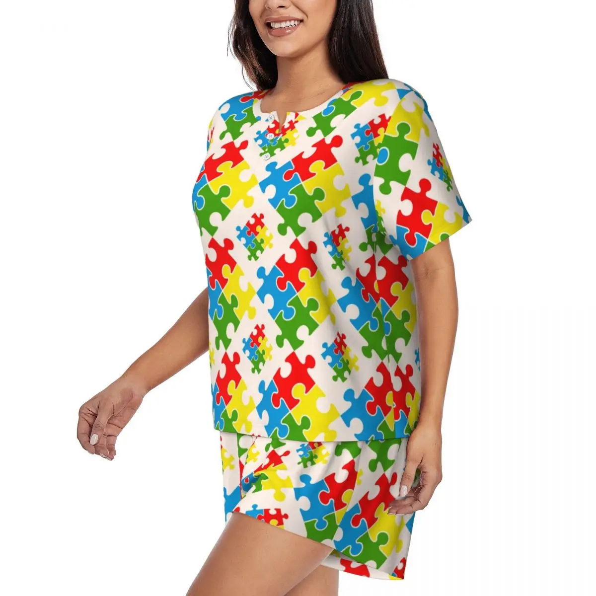 Colorful Puzzle Autism Awareness Pattern Pajamas Set for Women Short Sleeve Sleepwear Loungewear 2 Piece Pjs