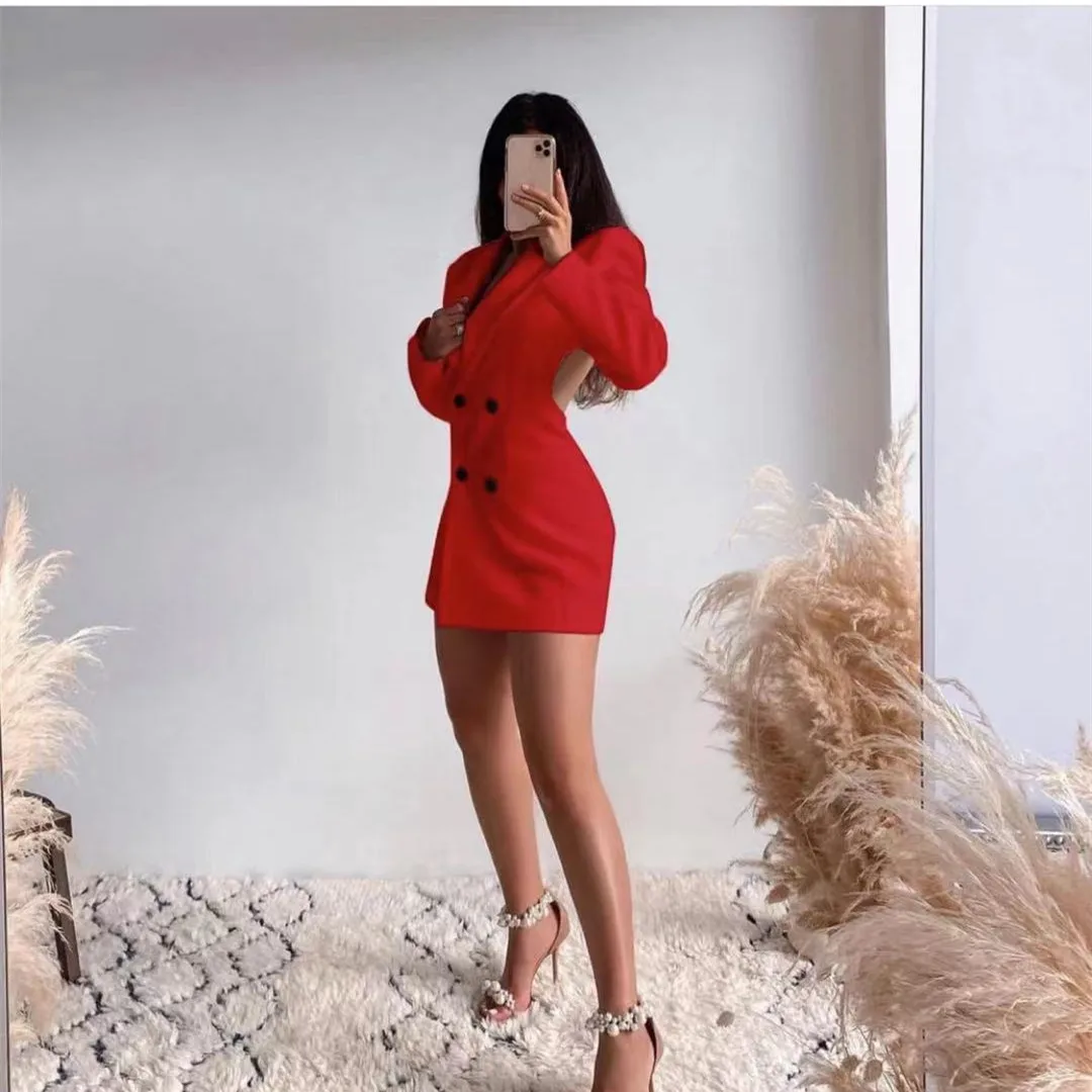 Vestido de traje cruzado con espalda descubierta para mujer, moda de otoño, Color sólido, cuello tipo Polo, ahuecado, ajustado, temperamento