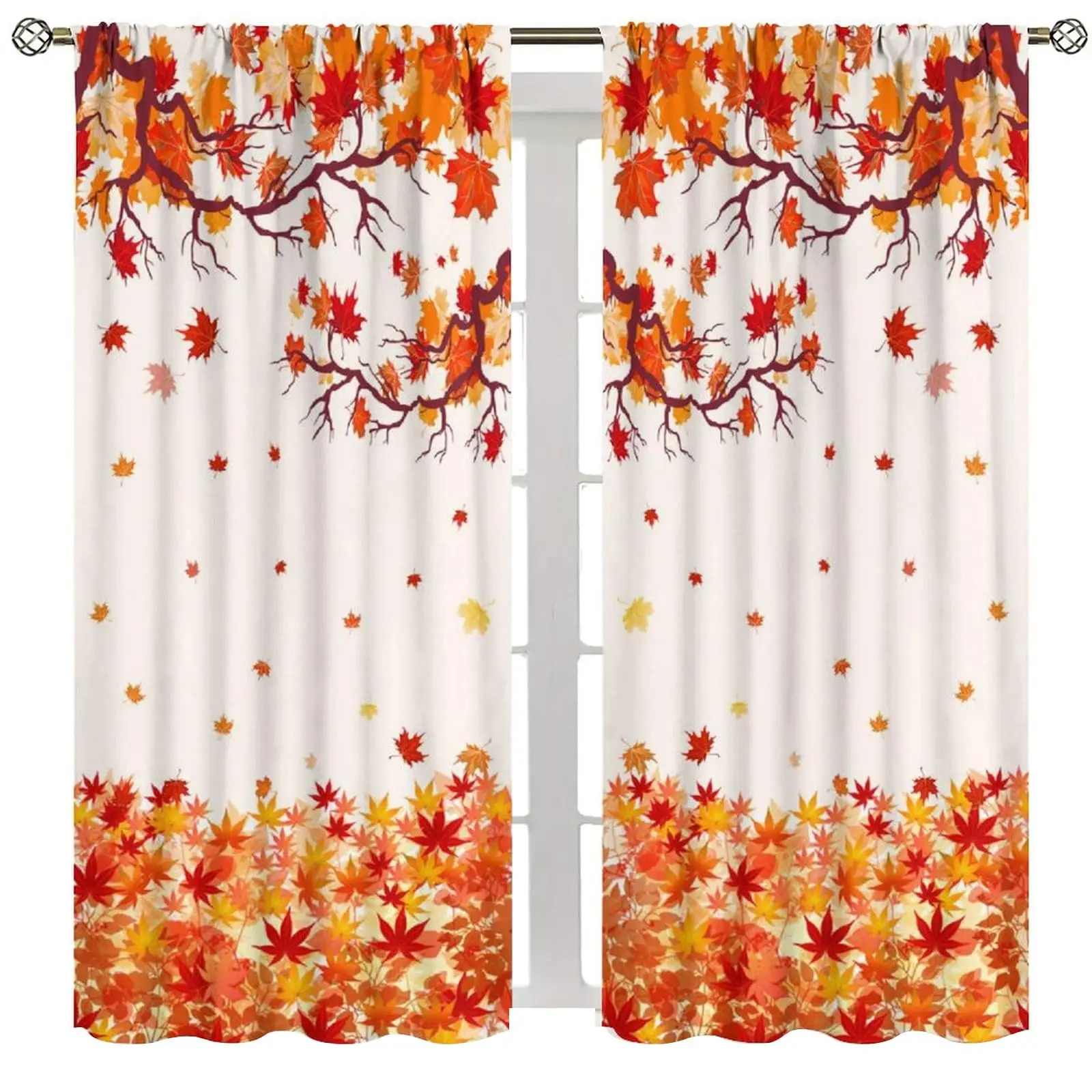 Fall Maple Leaves Curtain,Autumn Plant Nature Scenery Watercolor Pattern Drapes for Kitchen Bedroom Living Room Window Treatment