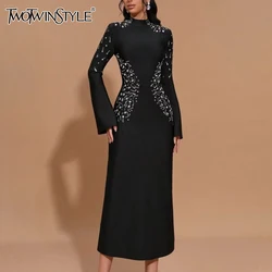 TWOTWINSTYLE Hit Color Dresses For Women Round Neck Flare Sleeve High Waist Slimming Elegant Dress Female Fashion Clothes 2024