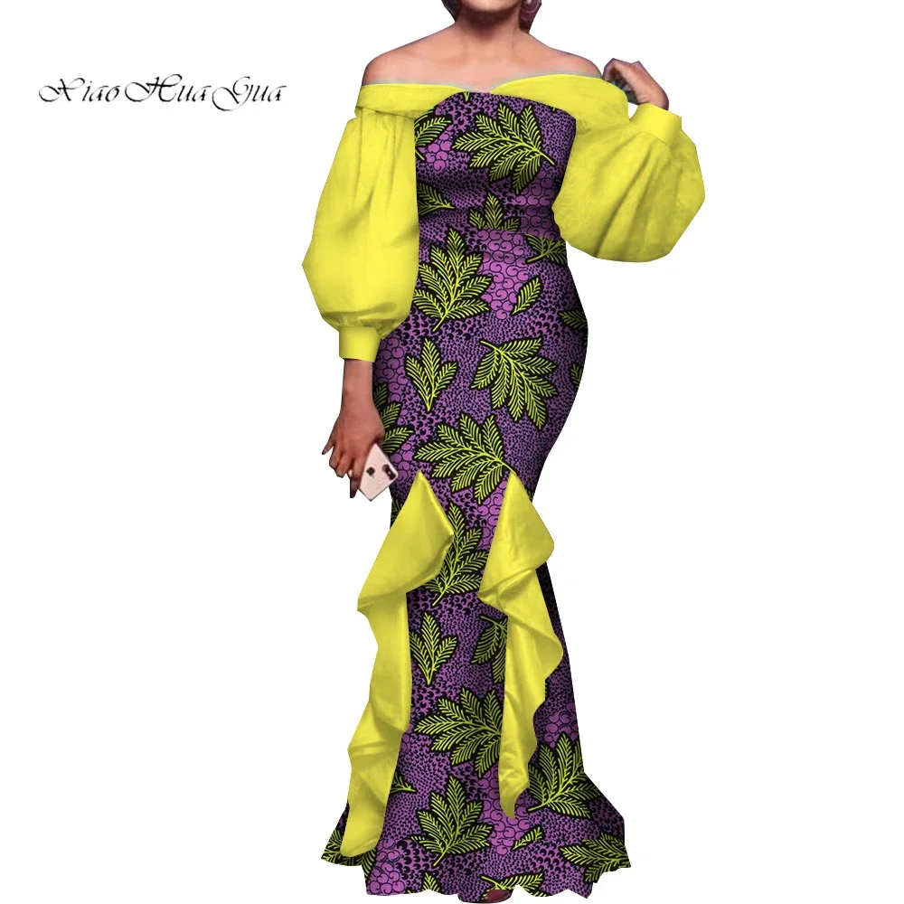 Fashion Women Ankara Dresses Flash Neck Puff Sleeve Long Dress African Dress Robe Africaine Femme Evening Mermaid Dress WY1848