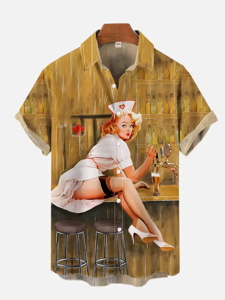 Vintage Pin Up Girl Poster Hawaii Men's Shirt 3D Print Summer Fashion Holiday Short Sleeves Shirts Lapel Button Men Clothing