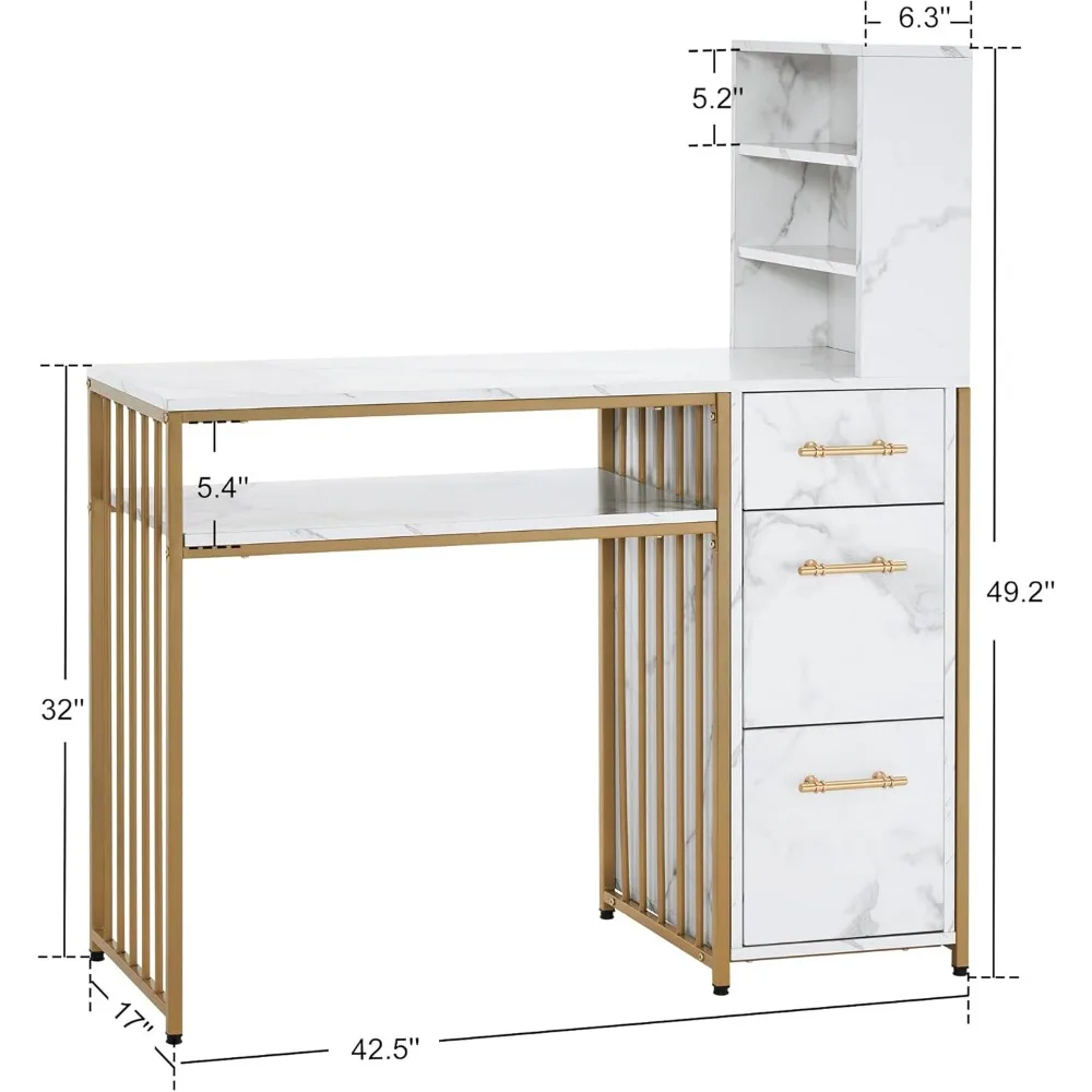 Table de manucure avec égouts de proximité, bureau à ongles marbré Bergamo avec rangement, station de salon de beauté, poste de travail moderne avec étagères ouvertes