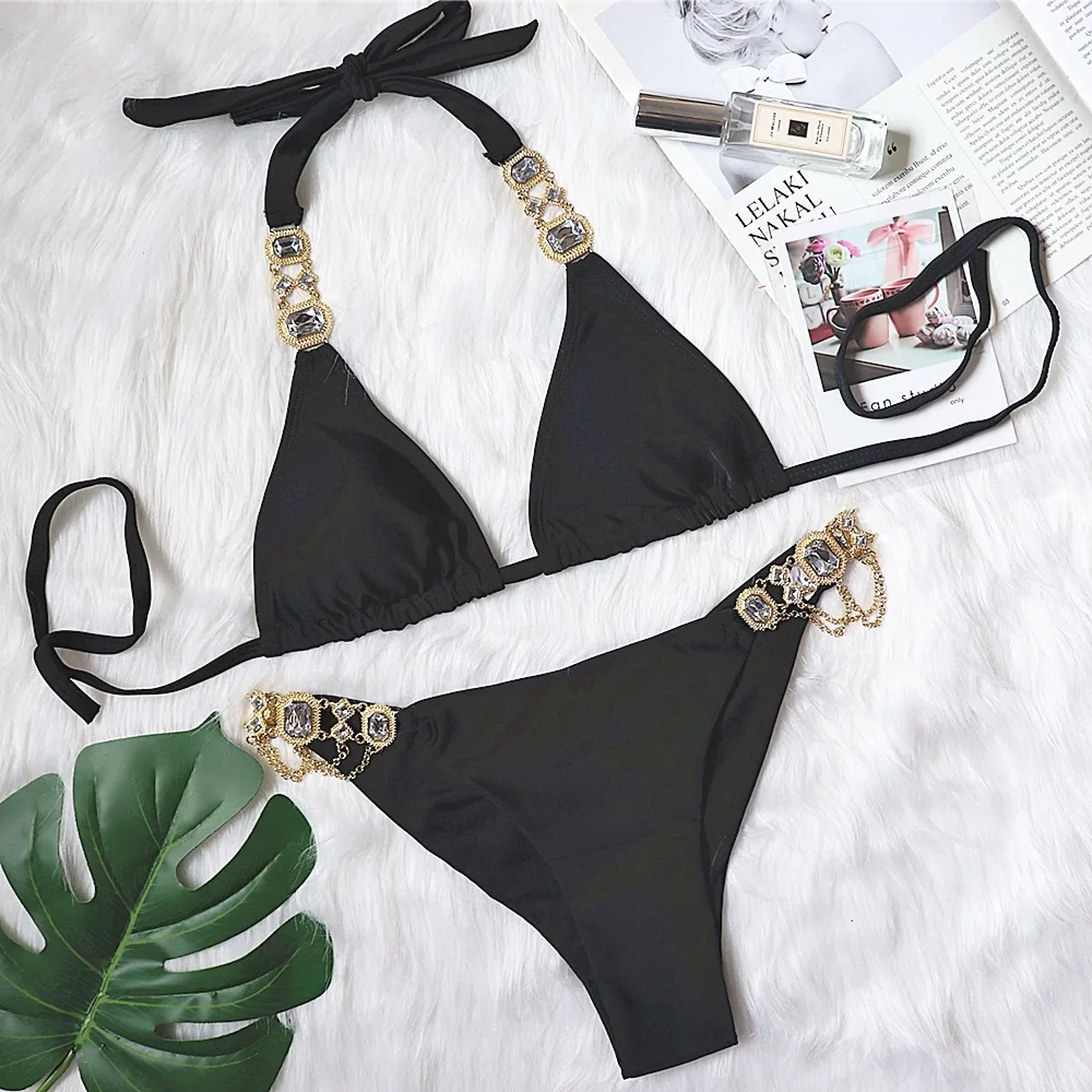 WackDaria Women Swimsuit Diamond Bikini Set Shining Beach Bathing Suit Solid Vintage Classic Swimwear  Maillot De Bain Femma