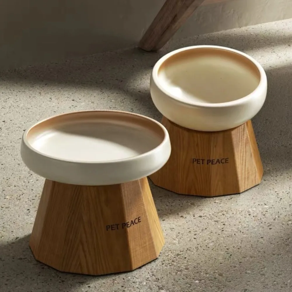 Ceramic Cat Bowl with High-legged Neck Support Cats Drinker Solid Wood Base Cat Dish Prevent Tipping Over Cats Accessories