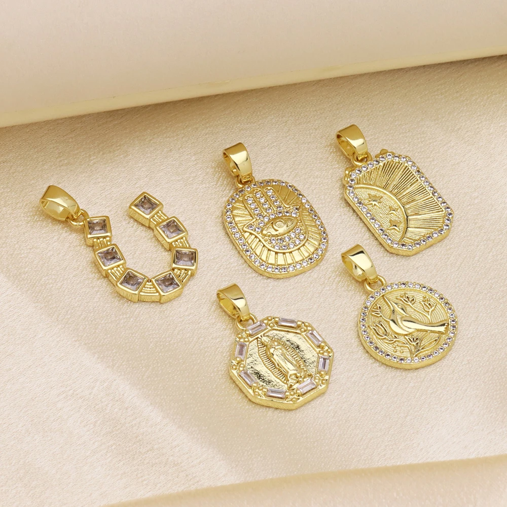 5 pcs/Lot Gold Plated Brass CZ Pendant Necklace Hamsa Eye Horseshoe Dove Virgin Mary Medallion Charms Dainty Jewelry