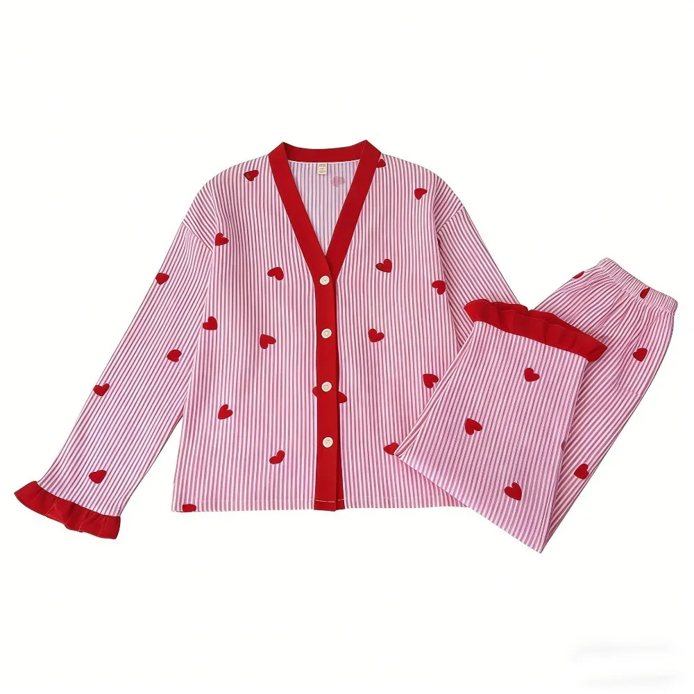 2026 New 2-piece Set of Women's Pajamas for Spring and Autumn Home Leisure Fashion, Printed Striped Heart Design, Elegant Y-neck