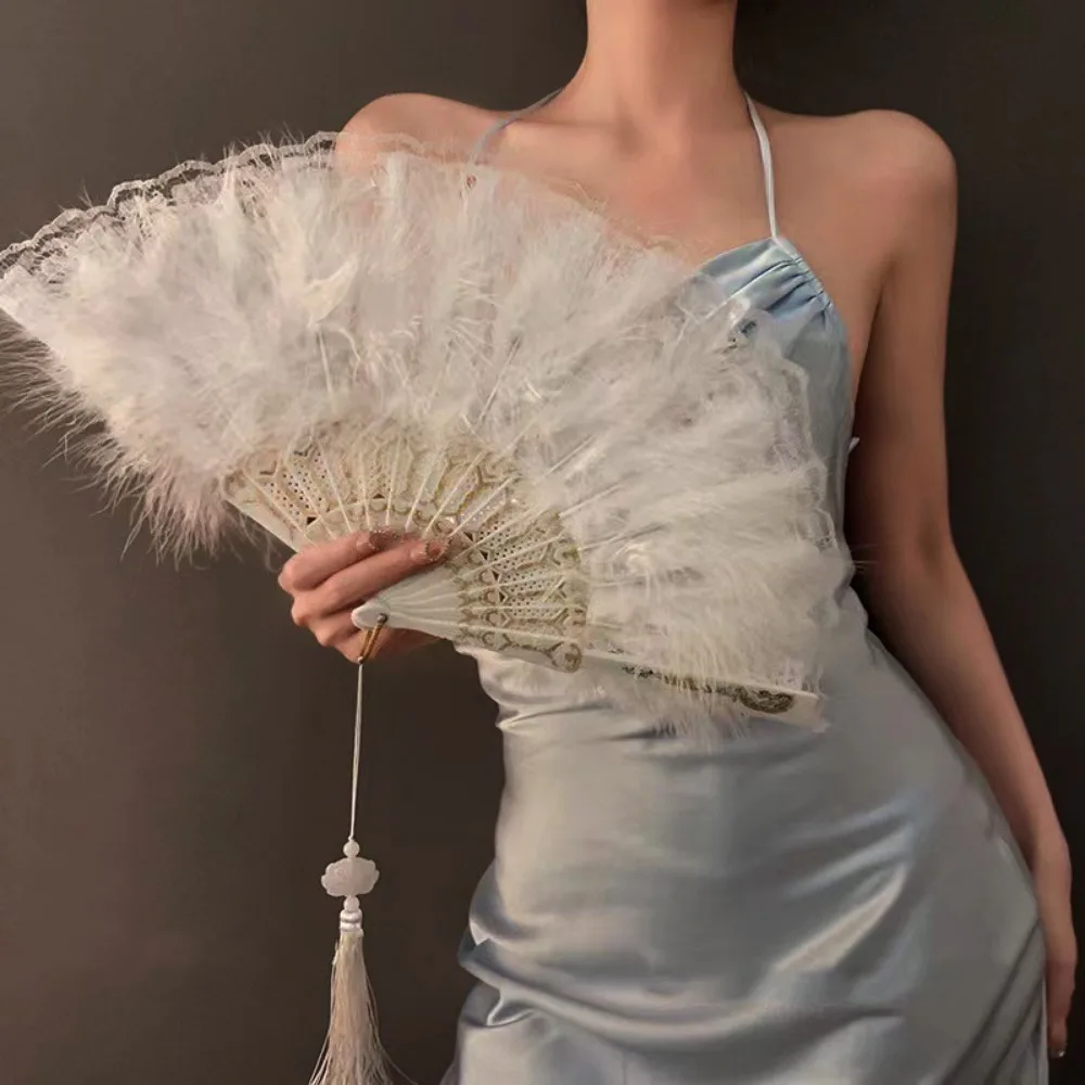 

Elegant Vintage Hand Fan Lace Multicolor White Fur Folding Fan Chinese style Hanfu Accessories Photography Prop