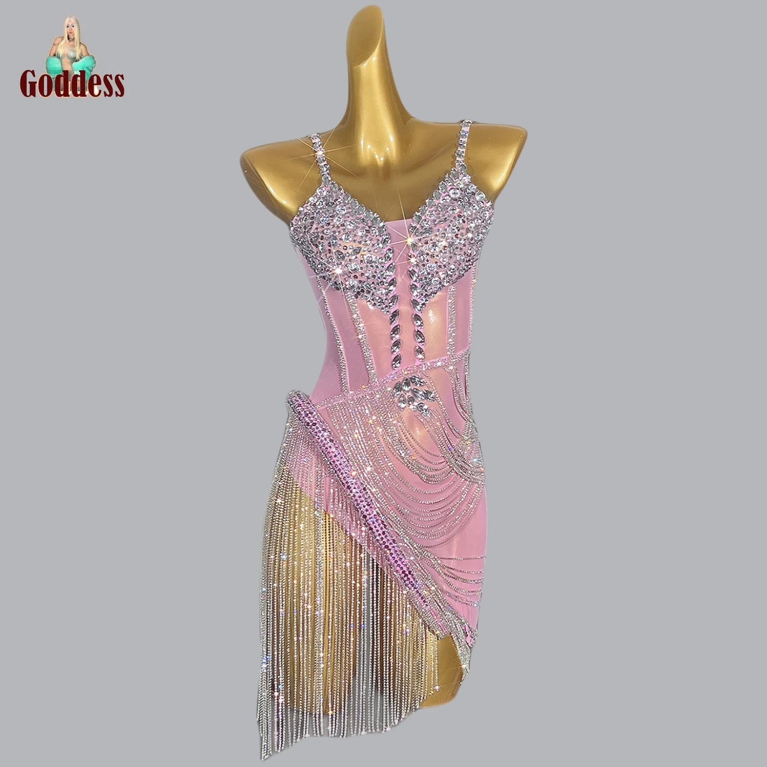 Shining Rhinestones Transparent Fringes Slip Dress Birthday Party Celebrate Evening Dress Prom Outfit Women Bar Nightclub Outfit