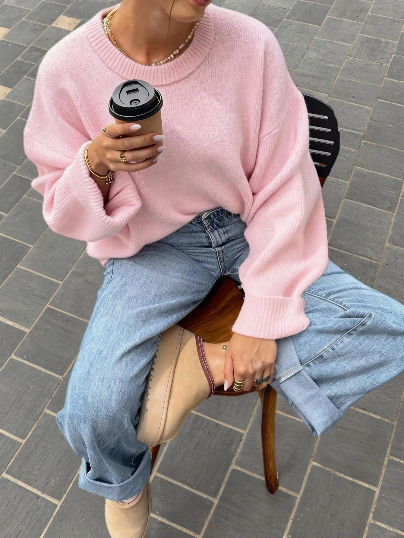 

Розовый вязаный свитер с круглым вырезом и длинными рукавами, свободного кроя для женщин, модный топ ко Дню святого Валентина и Новому году