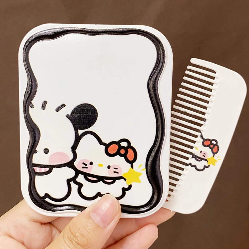 Sanrio Hello Kitty Mini Folding Makeup Mirror With Comb Portable Cute For Women Girls Mini Handheld Makeup Mirror