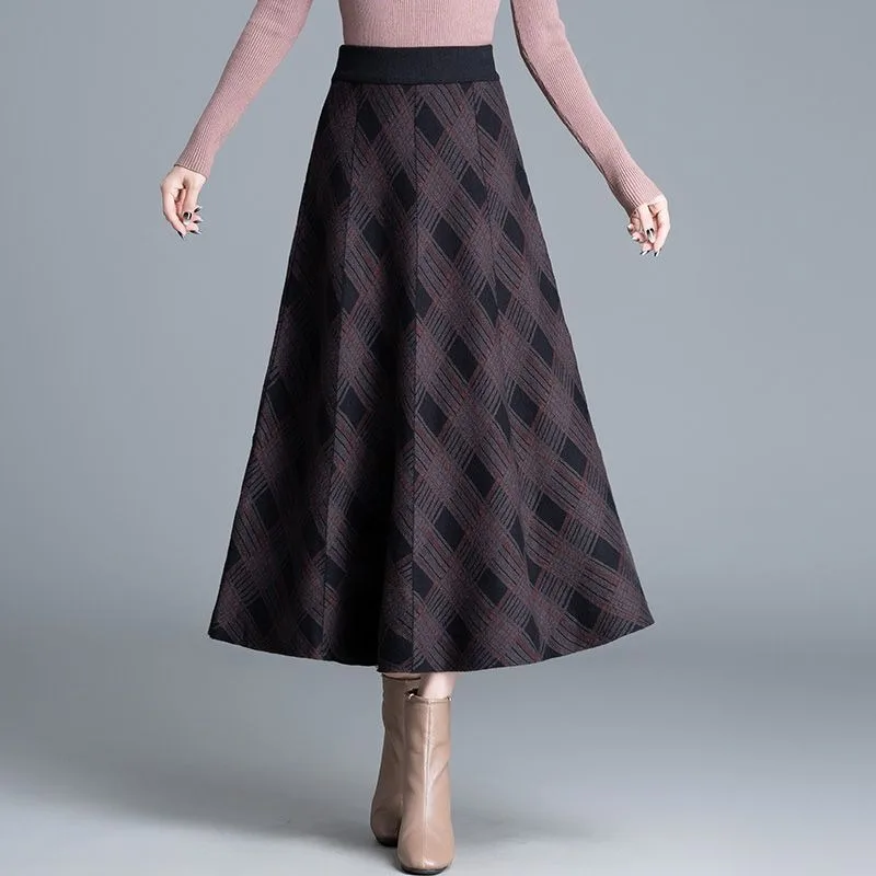Women's High Waist A-line Midi Skirt Textured Check Jacquard Flared Swing Skirt Casual Daily Office Skirt
