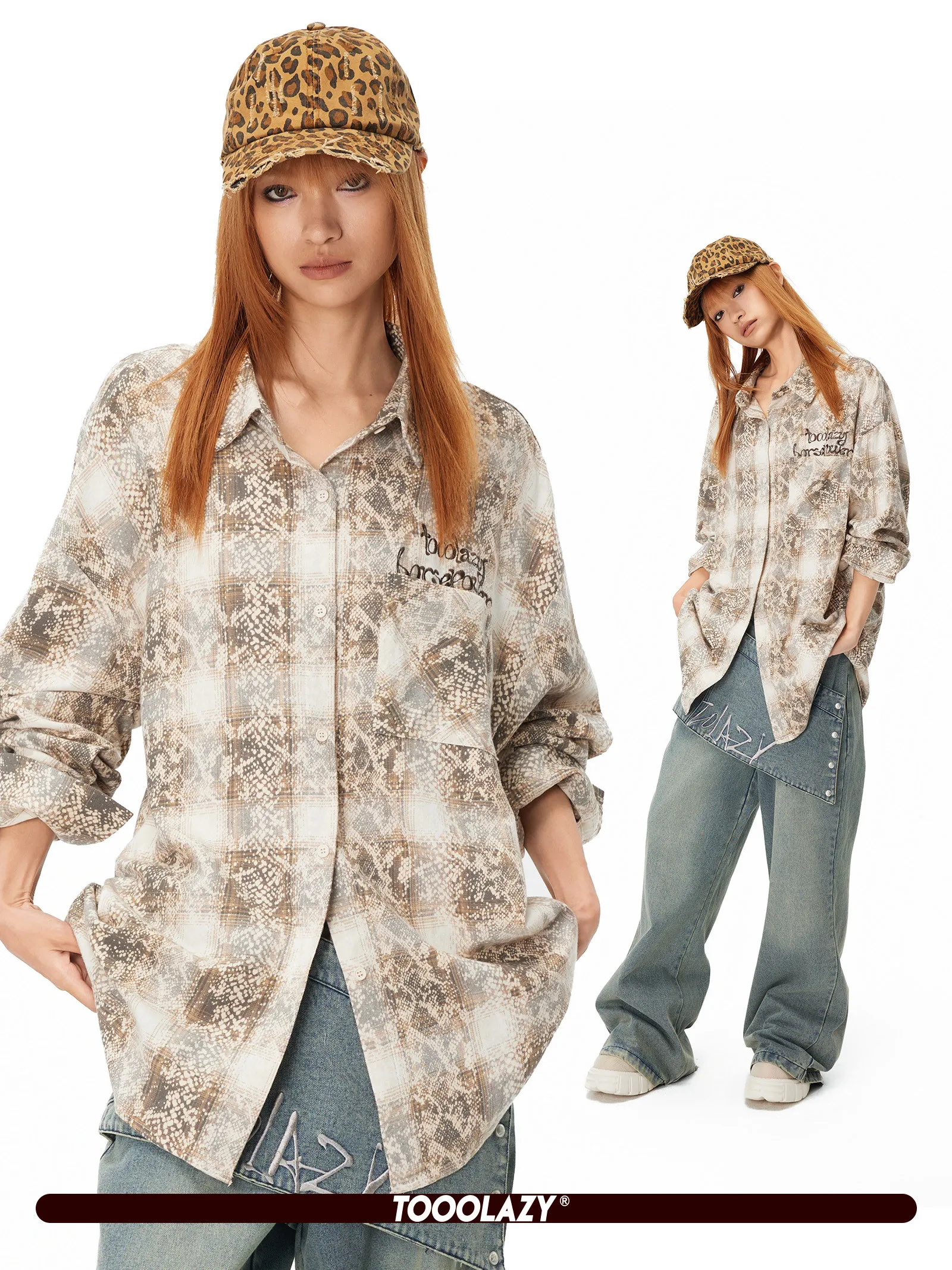 

TOOOLAZY Vintage Apricot Long Sve Ne Snake Pattern Plaid Loose Women's irt Store Exclusive Spring 2025 Cotton