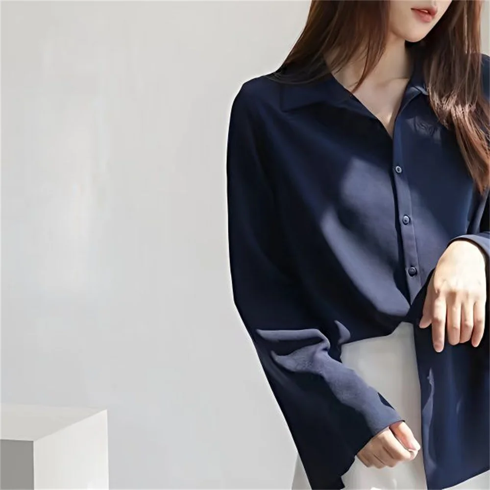 Femmes en mousseline de soie Blouse mode solide à manches longues évasées bureau dame travail Vintage hauts chemises chemise blanche vêtements féminins élégants