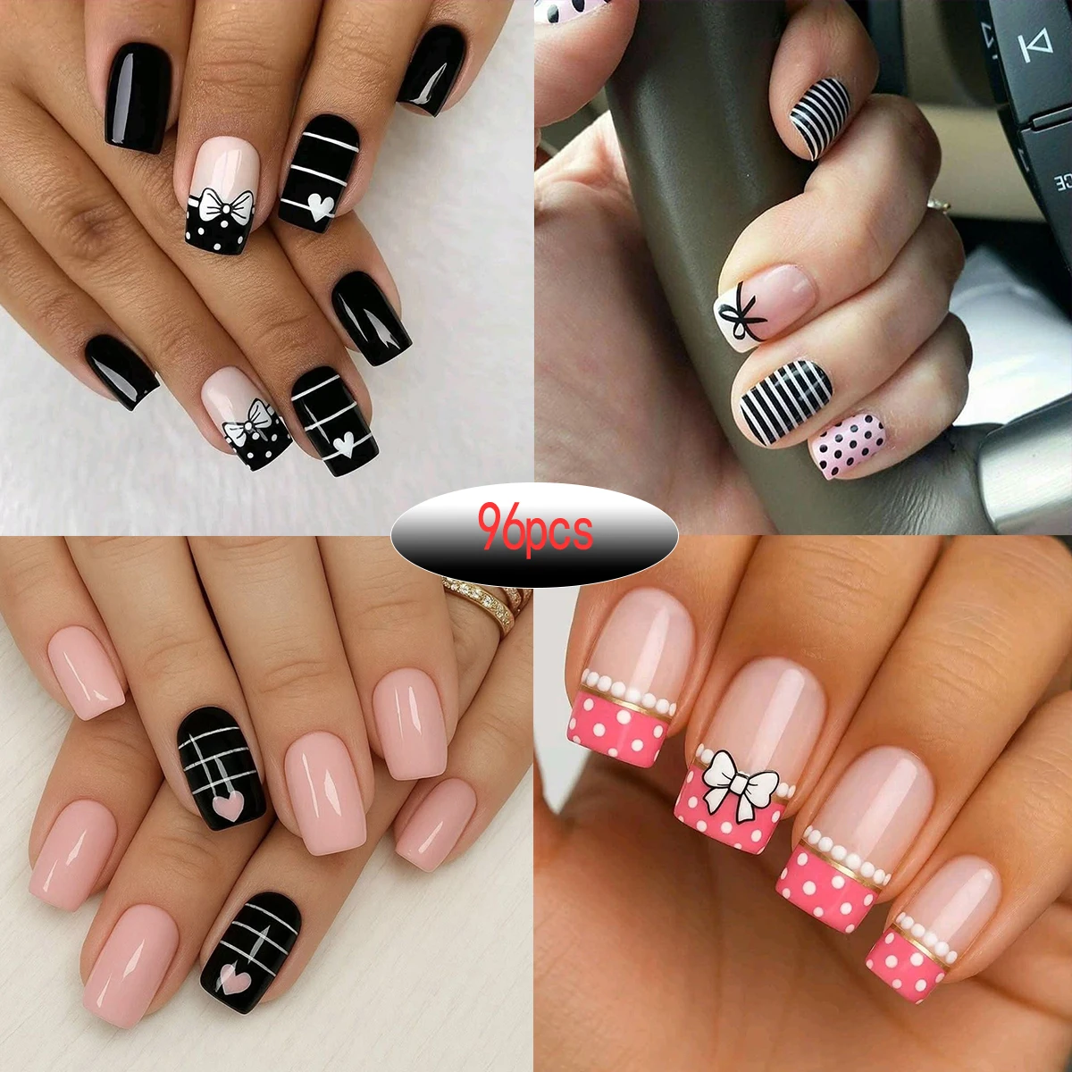 

Полный набор из 4 упаковок/96 коротких квадратных накладных ногтей в классическом черно-белом стиле с бантами и принтами в виде сердечек, идеально подходит для