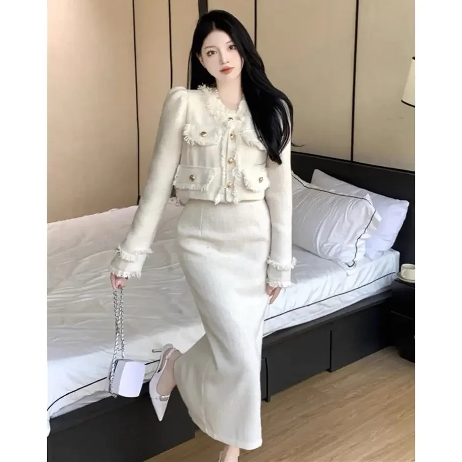 Women\'s Autumn/ Winter Small Fragrance Style Short Tassel Blazer Hip Maxi Skirt Set Vintage Tweed   Two-piece Sets