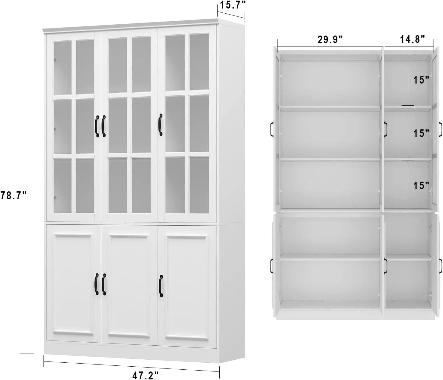 Freestanding Kitchen Pantry with 3 Glass Doors, Large Kitchen Pantry Storage Cabinet with 5-Tier Shelves