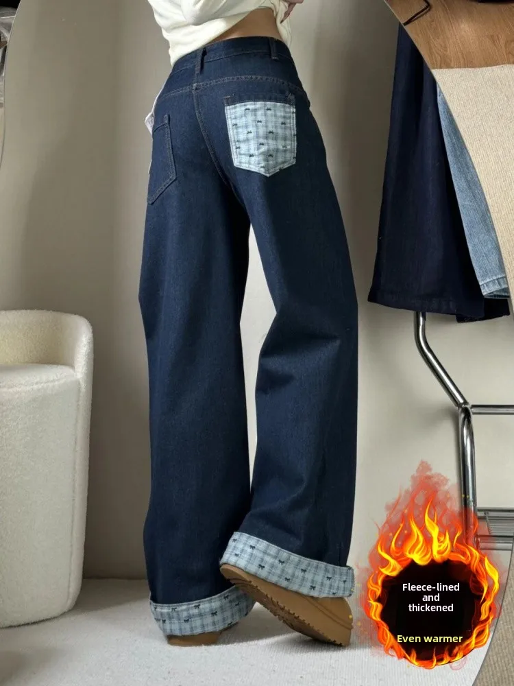 

American Style Fleece Lined High Waist Wide Leg Straight Cut Jeans Women Winter plus Size Flared Denim Pants Casual Wear