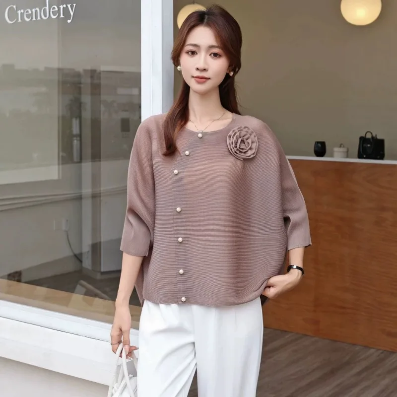 Miyake Pleated Top for Women 2026 Summer New Fashionable Elegant Age-Reducing Loose Mid-Sleeve Round Neck Pullover T-Shirt Pleat