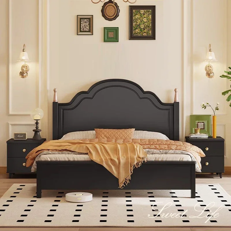 French retro black all solid wood bed, American master bedroom 1.8 meters double bed