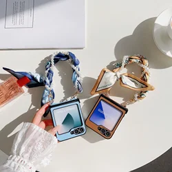 PU Leather Cover with Hinge Protection & Scarf Pearl Wrist Chain Strap Bracelet For Samsung Galaxy Z Flip 6 5 4 3 Phone Case
