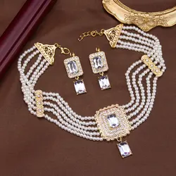Sunspicems Morocco Jewelry Set Hand Beads Choker Necklace Drop Earring Square Crystal Pendant Arabic Neck Chain Bridal Bijoux