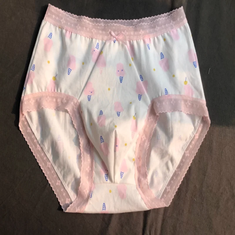 Sexy Adult Man Cartoon Sweet Cute Underpants Mid Waist Lace Cotton Seamless Panties Sissy Comfortable Intimates Party Briefs