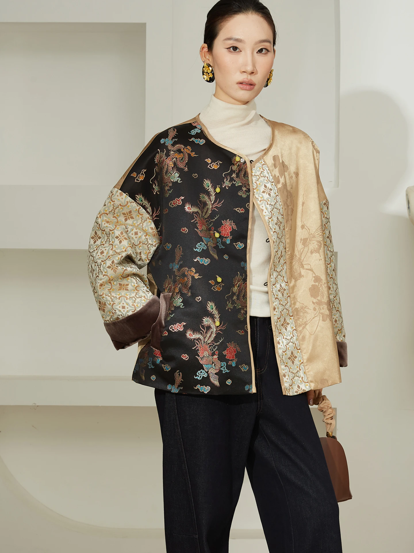 

Silk Cotton Jaet Women's New Chinese Sle Patchwork Floral Embroidery Winter Coat Long Sve round Ne Single Button