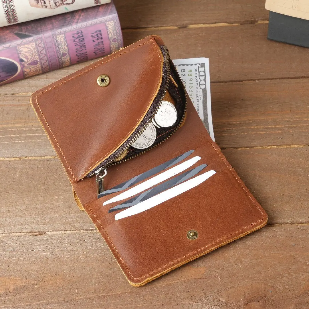 1236 short wallet first layer cowhide retro handmade leather zipper wallet change card bag
