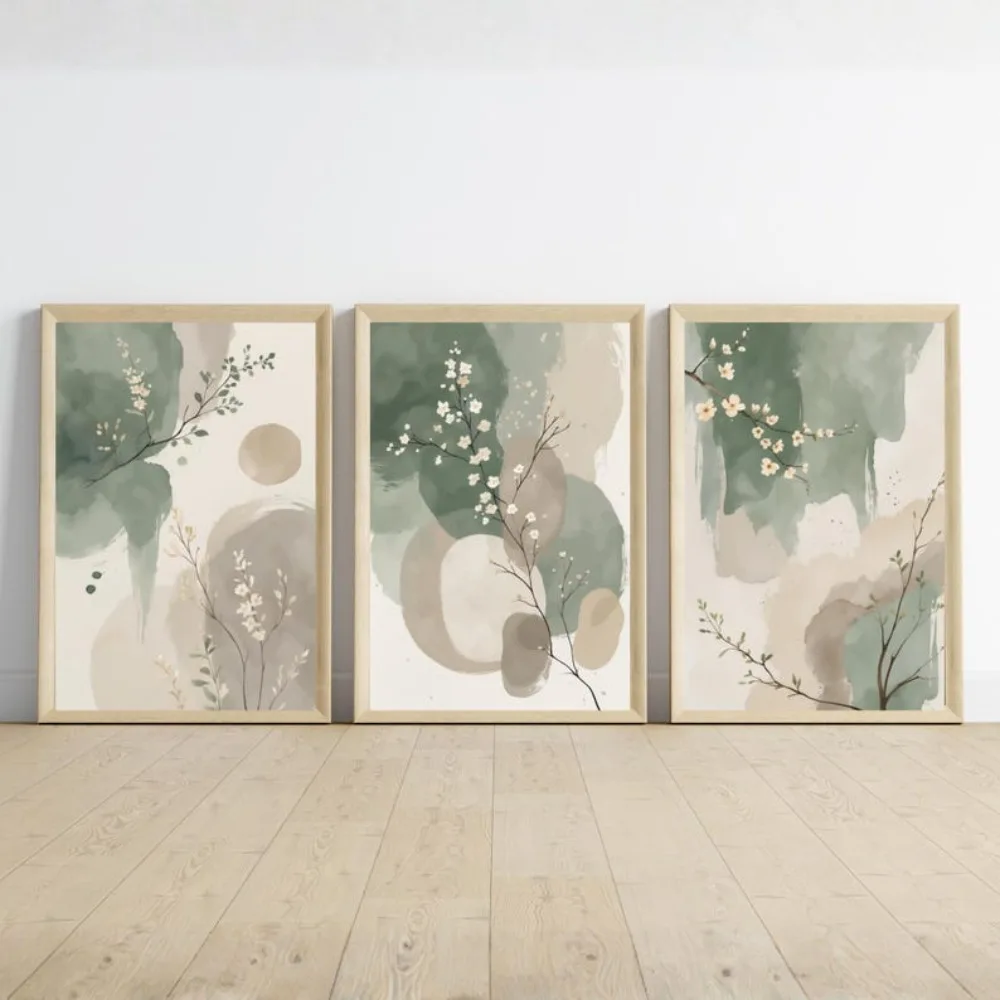 3pcs Frameless Japanese Plant Wall Art,Abstract Watercolor Leaves,Sage Green Beige Prints,Modern Zen Decor,Digital Download