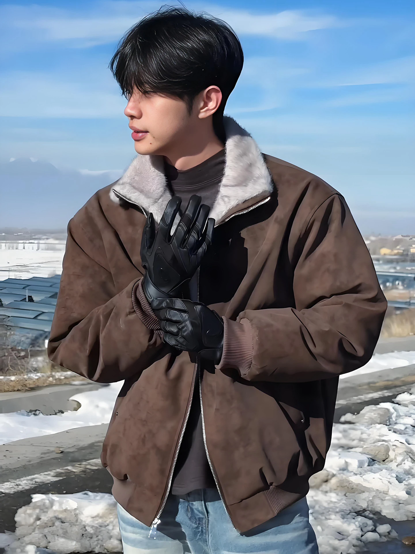 الكراميل فو الفراء بولي Leather جلد الرجال الشتاء Jaet الوقوف طوق Fce اصطف ort Sle معطف القطن الدافئة Thiened طويل Sve #3