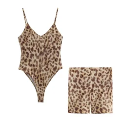 2024ZAR Summer New Women's Open Back Design, Small Animal Print, Leopard Pattern, Suspended Strap, One Piece Short Set