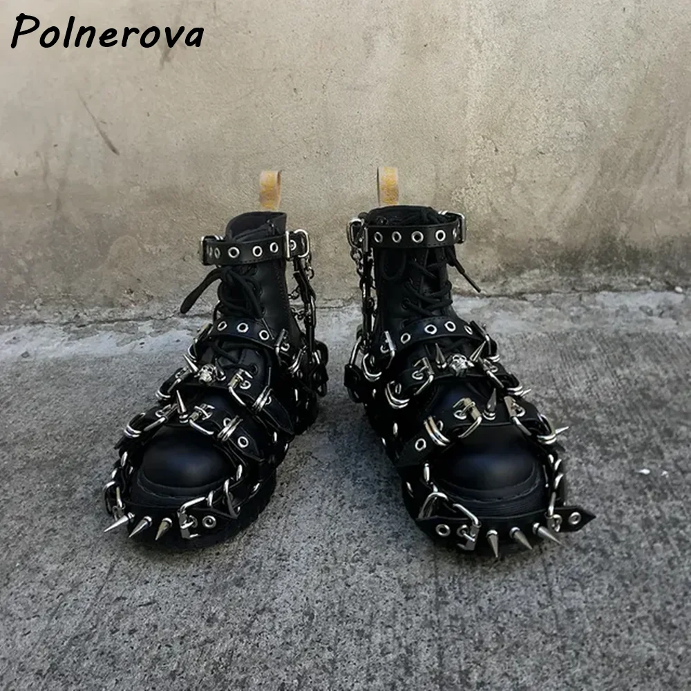 Punk-Stiefel mit Nieten und Ketten, schwarze Plateau-Stiefel für Damen und Herren, Leder-Schnürstiefel, Combat Boots mit dicker Sohle, Gothic-Rock-Streetwear-Schuhe