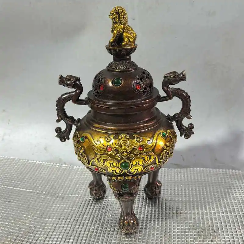 Gilt incense with gemstone inlay and dragon ear design, craft ornament, aromatherapy burner, copper sandalwood dis