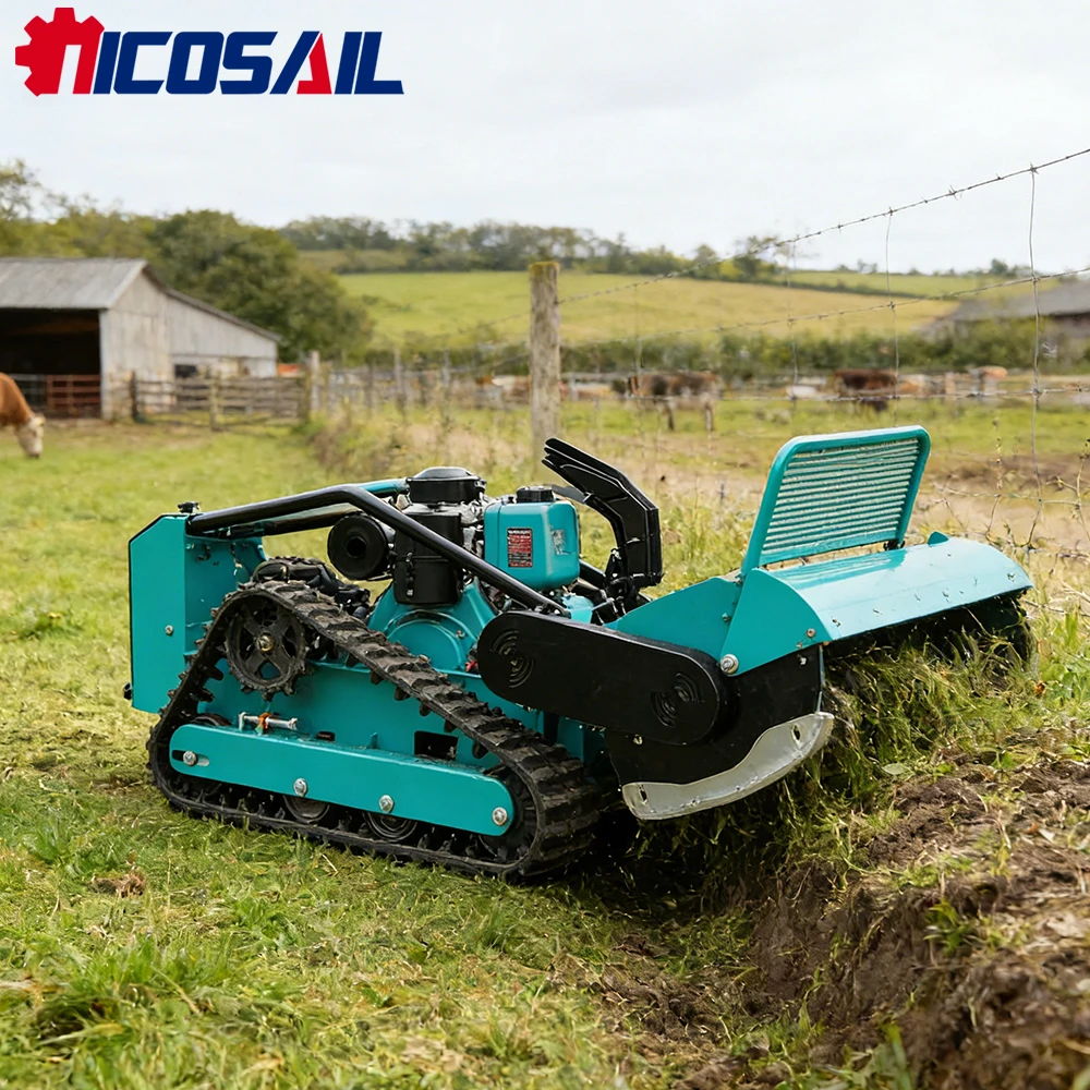 

A small tracked lawn mower with remote control can be used for mowing in gardens and football fields