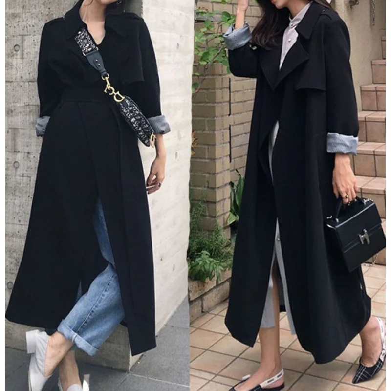 spring and autumn temperament trench coat women's medium and long Korean version student over the knee black loose and thin coat